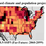 maps of the US with color intensity showing where heat stress will be most acute in the last half of the 21st century due to climate change, population growth, and combined effects