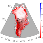 A topographic map of Greenland, with change in reflective 1996-2017 indicated in intensity of red (less reflective) to blue (more reflective) color, and a black line tracing the route of the research team during sample collection.