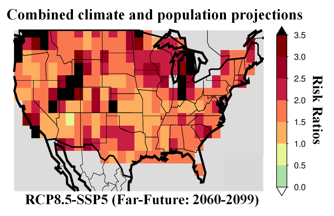 maps of the US with color intensity showing where heat stress will be most acute in the last half of the 21st century due to climate change, population growth, and combined effects