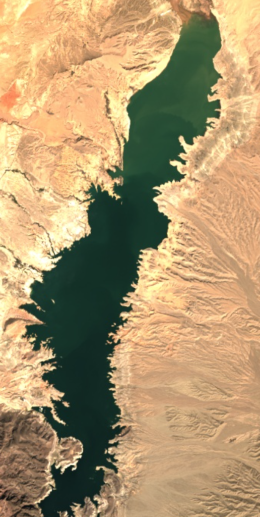 Satellite image of the Overton arm of Lake Mead, a reservoir on the Colorado River. 