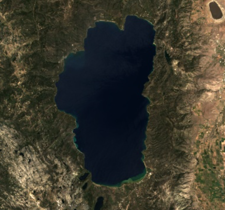 Satellite image of Lake Tahoe, high in the Sierra Nevada in the California and Nevada.