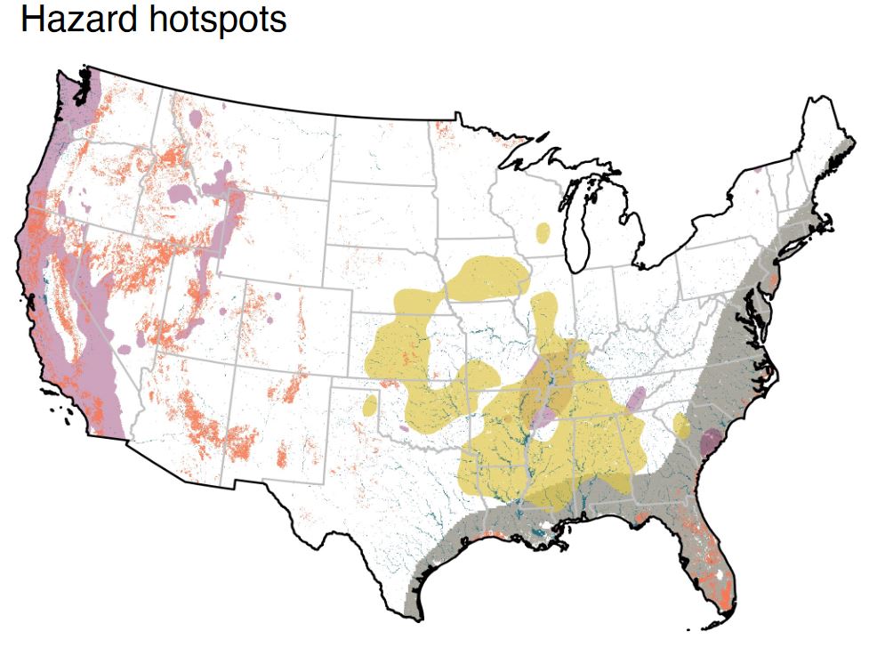 Map of the contiguous United States marking hotspots of high exposure of buildings and infrastructure to earthquake (magenta), flood (cyan), hurricane (grey) tornado (yellow) and wildfire (orange), 1945-2015.