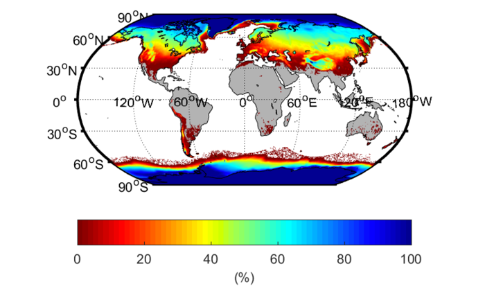 mercator projection global map with colors showing the locations and extent of The percentage of each area that experiences ice, snow or frozen ground at some point during the year (1981–2010). 