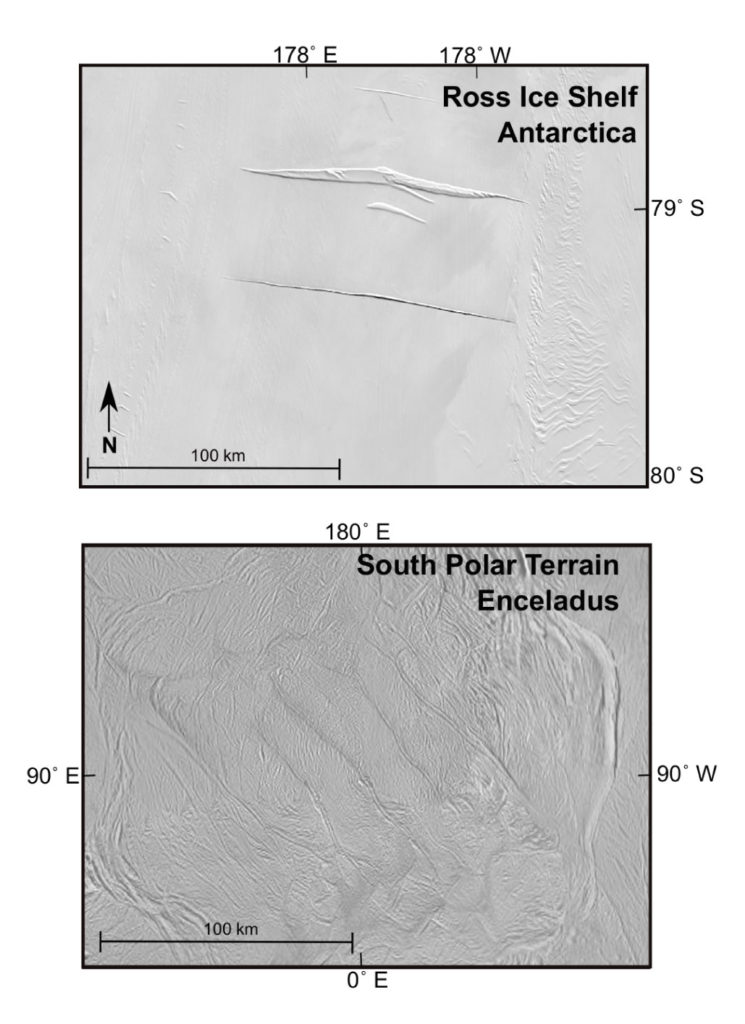 A satellite image of the research study site on the Ross Ice Shelf in Antarctica (top) shows two rifts in the ice from rising and falling tides. Similarly sized “tiger stripe fractures” crease the ice in Enceladus’ South Polar Terrain, in an image captured by the Cassini Imaging Team. From figure 1 of the new study. Credit: AGU/ JGR: Planets