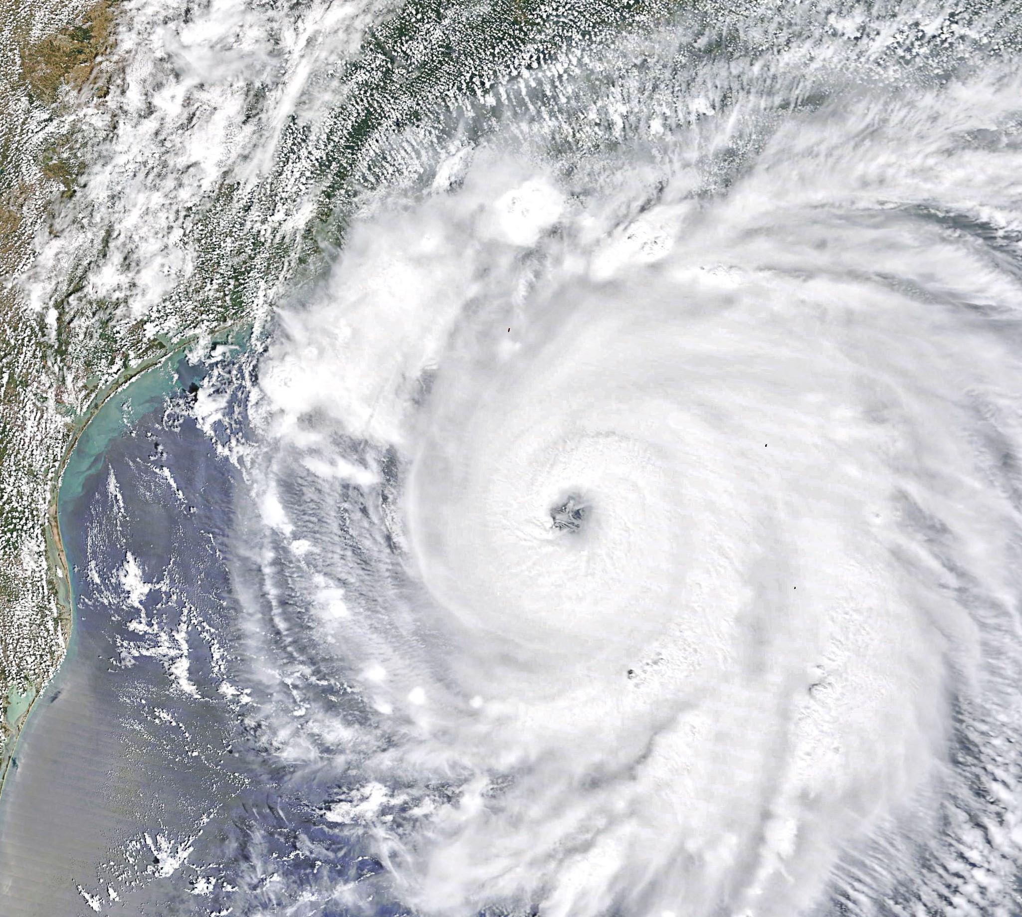  Satellite imagery of a hurricane (white, counterclockwise swirl of clouds in the center of the image) over blue-green water. It is close to land, with patches of green and brown visible beneath the white clouds.