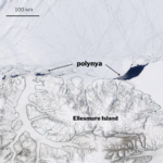 Satellite imagery of the Arctic, with ice-capped mountains and land outlined by black lines in the lower half of the image. A jagged blue hole stands in stark contrast to a white expanse of ice and clouds north of the coast.