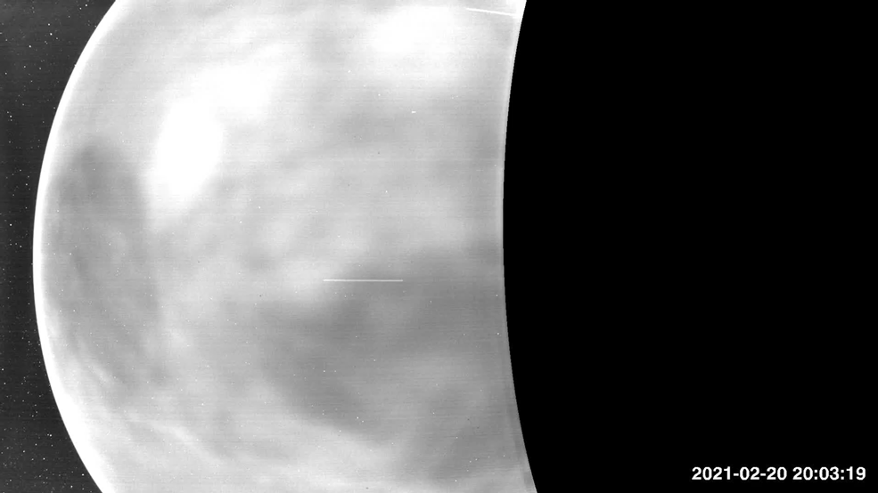 Moving gif of images of the nightside of Venus seen from space by the Parker Solar Probe’s WISPR instrument and the spacecraft passed by