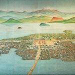 Painting of Tenochtitlan-Tlatelolco on Lake Texcoco, Aztec (Mexica) Gallery, INAH, National Museum of Anthropology, Mexico City.
