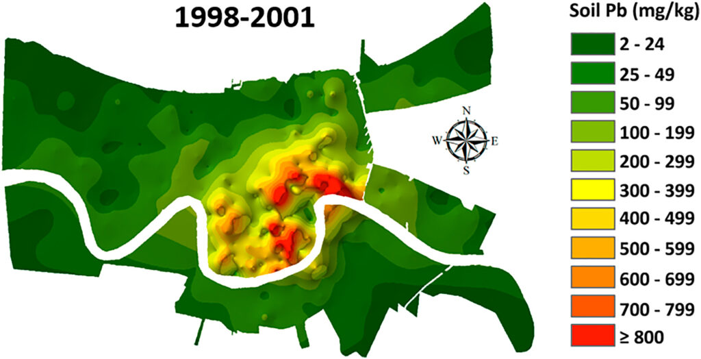 A map of the city of New Orleans showing the milligrams of lead per kilogram of soil. Green is low and red is high.