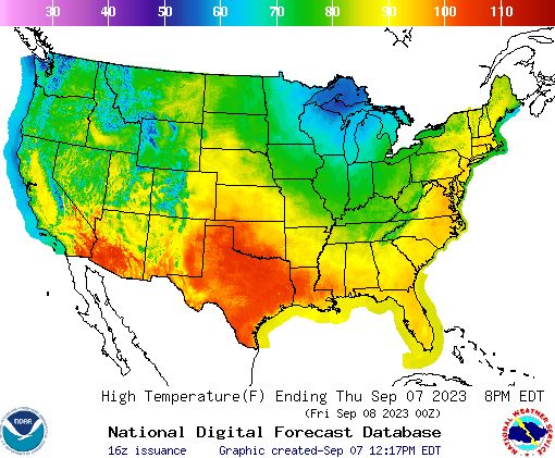 temperatures highs for US on 7 september 2023. Red indicates temps above 100F across Texas and yellows temps above 90 through the southern states and eastern seaboard.