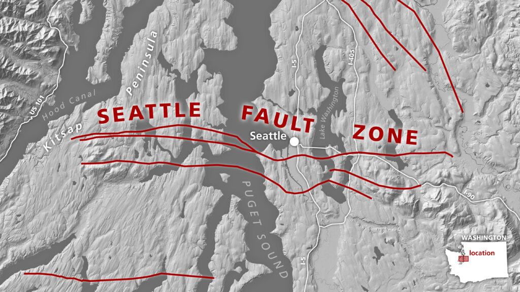 Grayscale map of the surface of the Puget Sound region, with red lines marking faults.