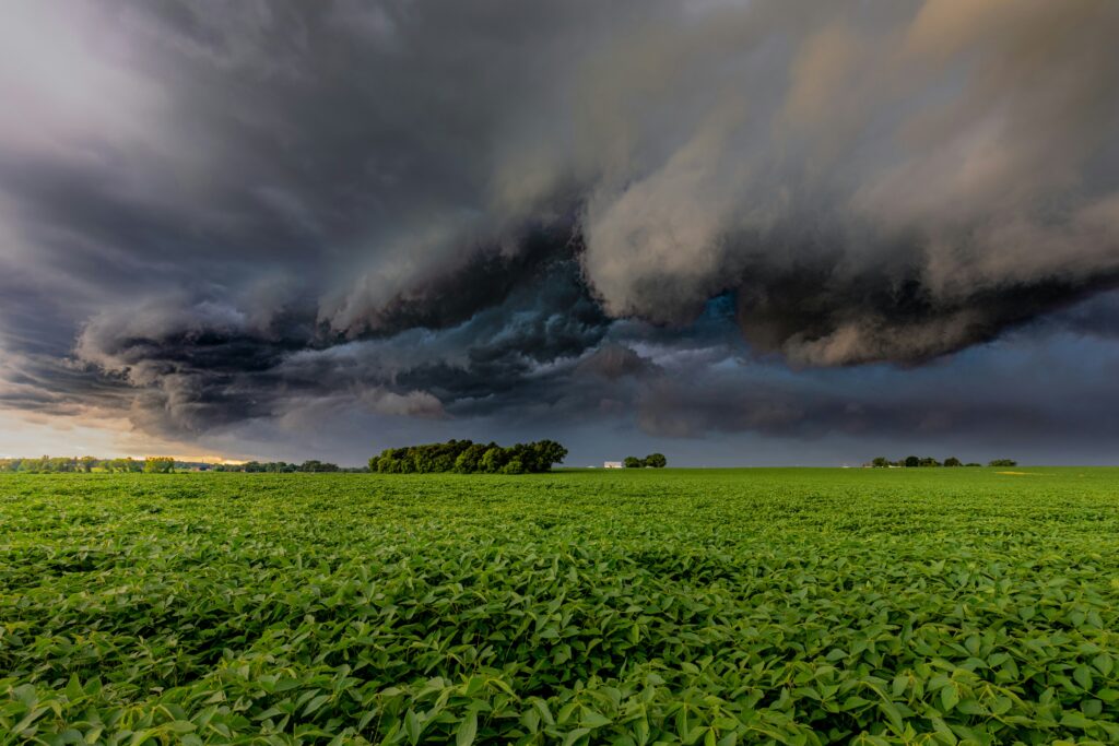 A storm advances over a field. A house is in the background.