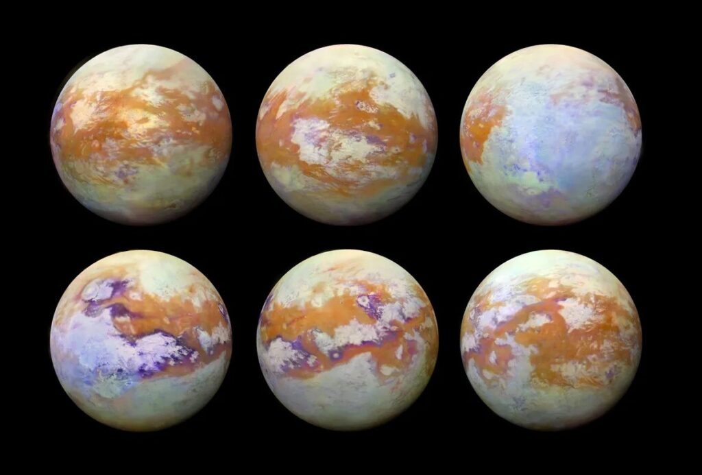 Description: Six views of Titan, one of Saturn’s moons. 