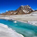 Photograph of a snowy mountain against a blue sky and a blue water stream.