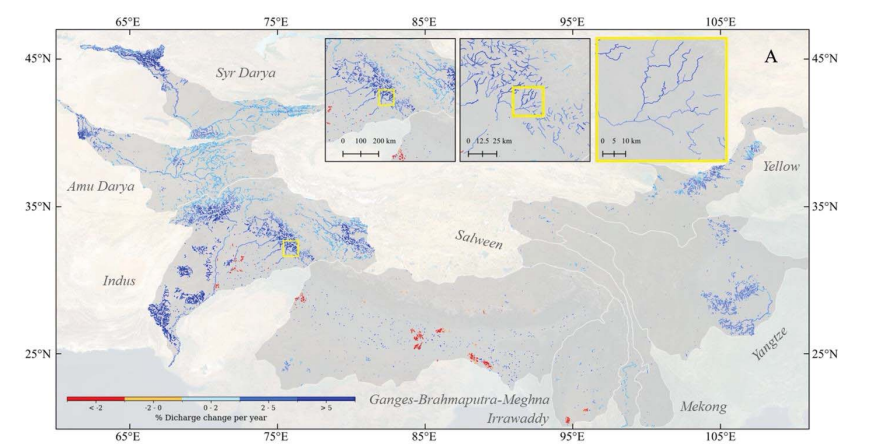 Topographical map of High Mountain Asia showing major waterways. Many rivers on west of map are highlighted in blue, depicting increased water flow. Rivers in southern areas are red and orange to represent decreases in water flow. Smaller images show zoomed in sections of the river to show 5-mile segments of rivers.