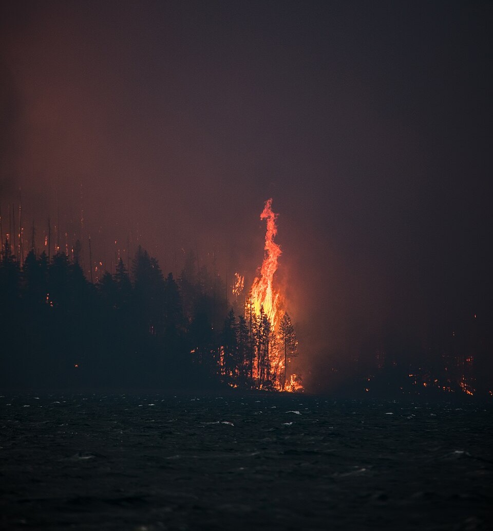 A photograph taken at night across a lake pointed as a blazing fire. The sky is dark brown without stars and the lake sits along the bottom border of the picture. Through smoke is multiple trees with a fire burning in the middle with a large flame shooting up into the sky is the middle.