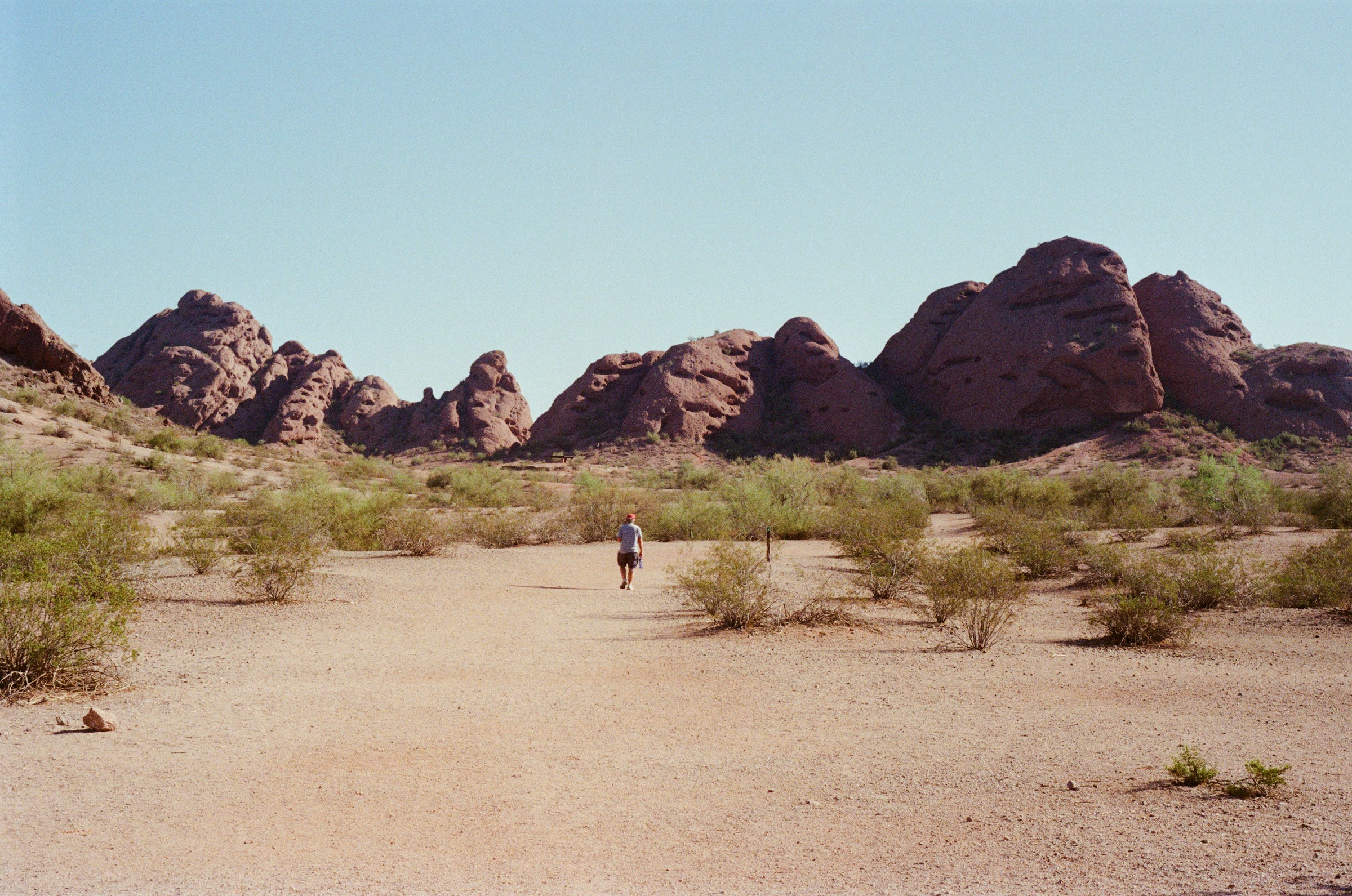 A lone hiker in a desert landscape near Tempe, Arizona, USA.