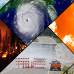 A collage of a collapsing glacier face, a wildfire, a hurricane seen from space, a flooded highway, a parched agricultural field, and the blazing sun in a clear sky