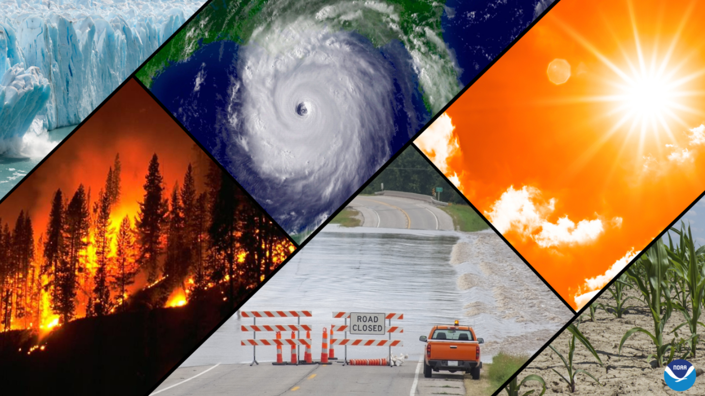 A collage of a collapsing glacier face, a wildfire, a hurricane seen from space, a flooded highway, a parched agricultural field, and the blazing sun in a clear sky
