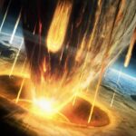 A white-hot asteroid hitting a planet and forming a large circular indent in the surface. Behind the asteroid is a large, dark grey tail of debris. The asteroid and crater indent are surrounded by falling orange and yellow meteorites. In the background, the impacted planet curves over the horizon with a blue atmosphere fading into black space.