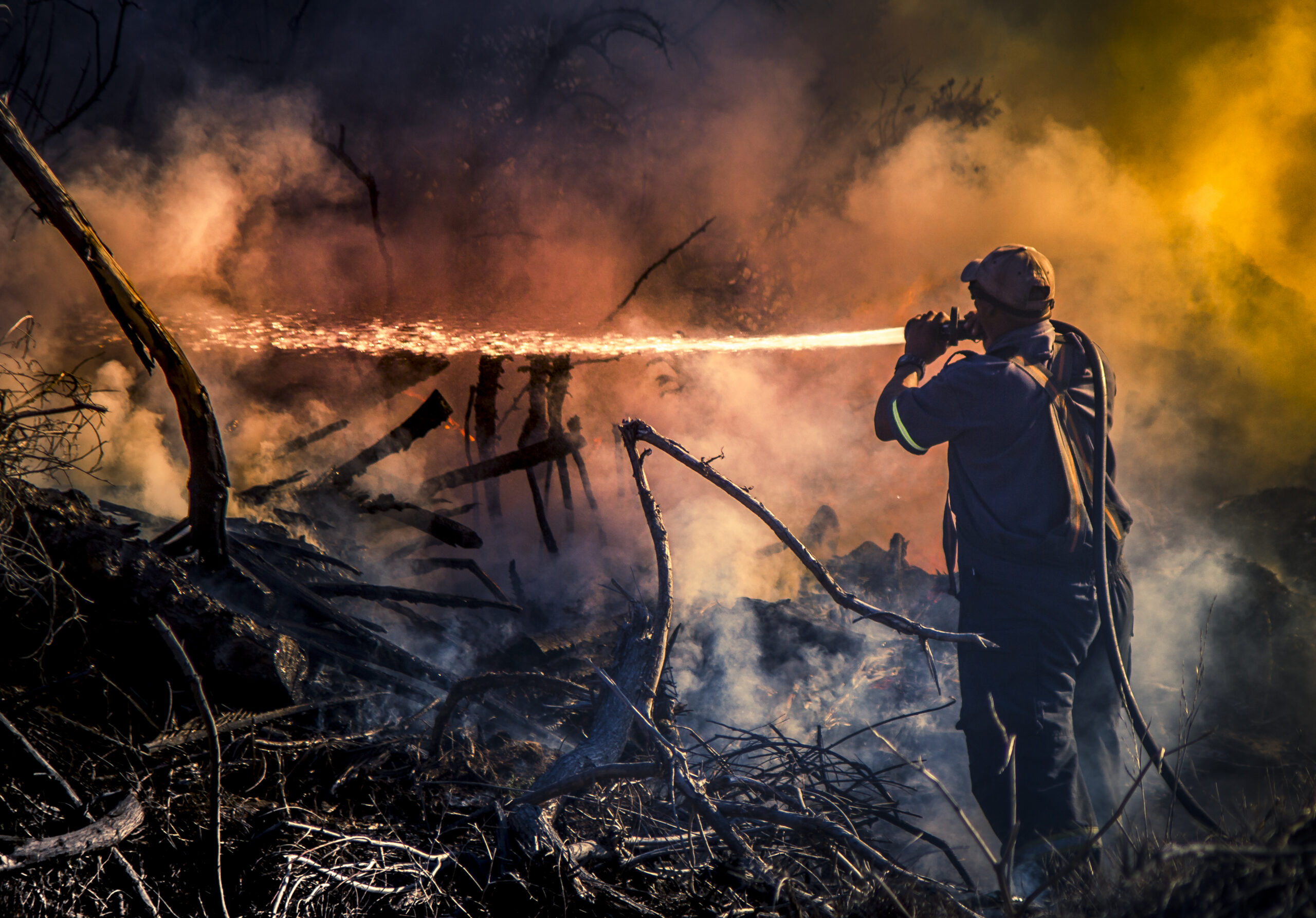 A firefighter shooting a jet of water at a fire amid a tangle of smoldering vegetation and clouds of smoke
