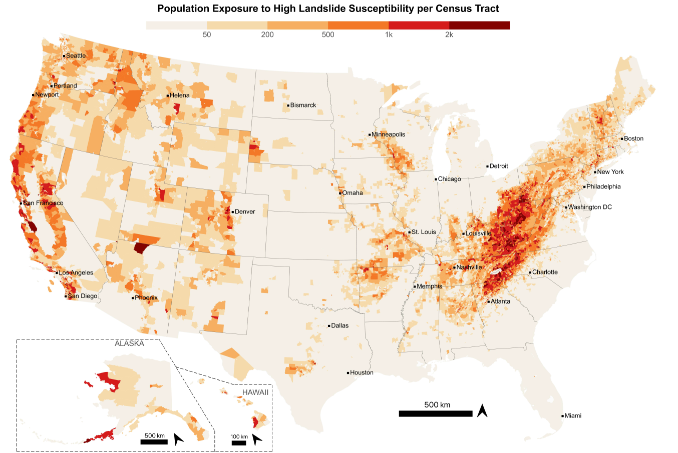 A beige silhouette of the continental United States with states outlined in black and an inset of Alaska and Hawaii on a smaller scale. A color scale indicates areas ranging from 0 people per census tract exposed to landslide shown in beige to 2000 people per census tract shown in dark red. Dark red and orange areas cover a long area in the inland eastern part of the country and the west coast. Distributed areas of orange are located throughout the inland west of the country and central region south of the Great Lakes.