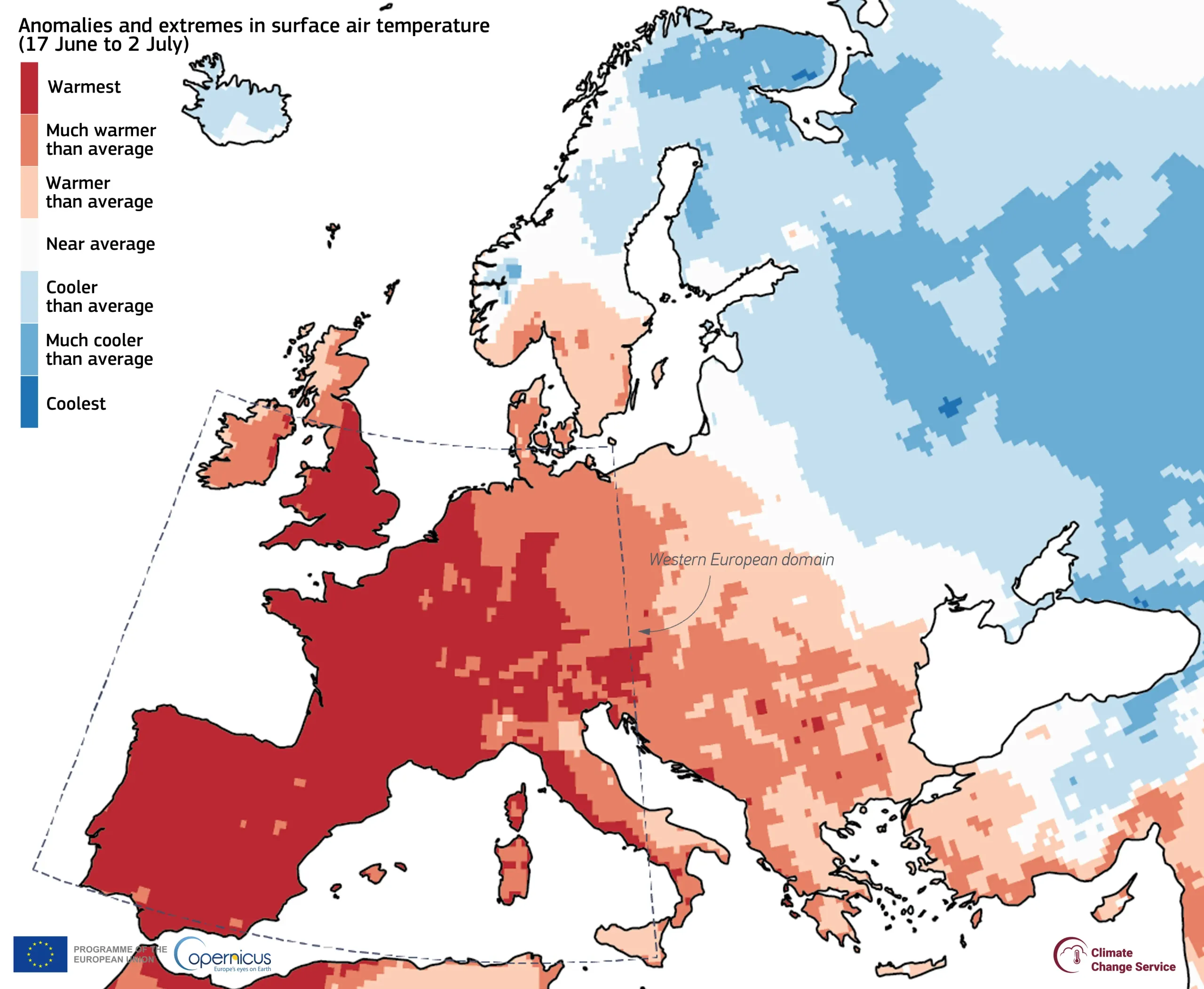 A map of temperature anomalies across Europe in 2025 with blue areas indicating cooler temperatures, white areas indicating no change, and red areas indicating regions much hotter than usual. Red is concentrated across southwestern Europe, particularly France, Spain, the UK, and western Italy.