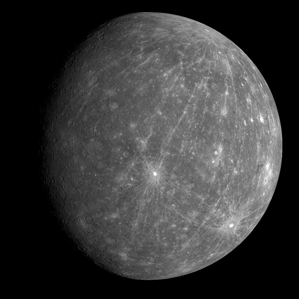 The planet Mercury in the blackness of space as seen by NASA's MESSENGER spacecraft.